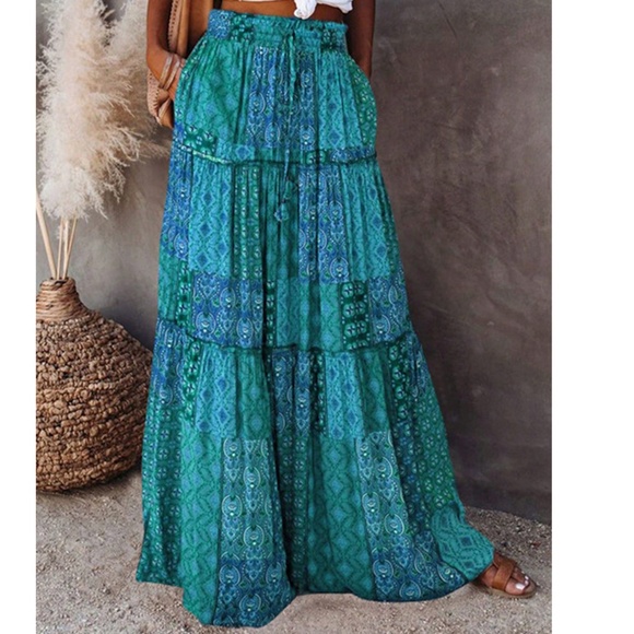 Boho Color block patchwork Print Stretchy Waist Ruffle Hem Maxi Skirt - Picture 2 of 5